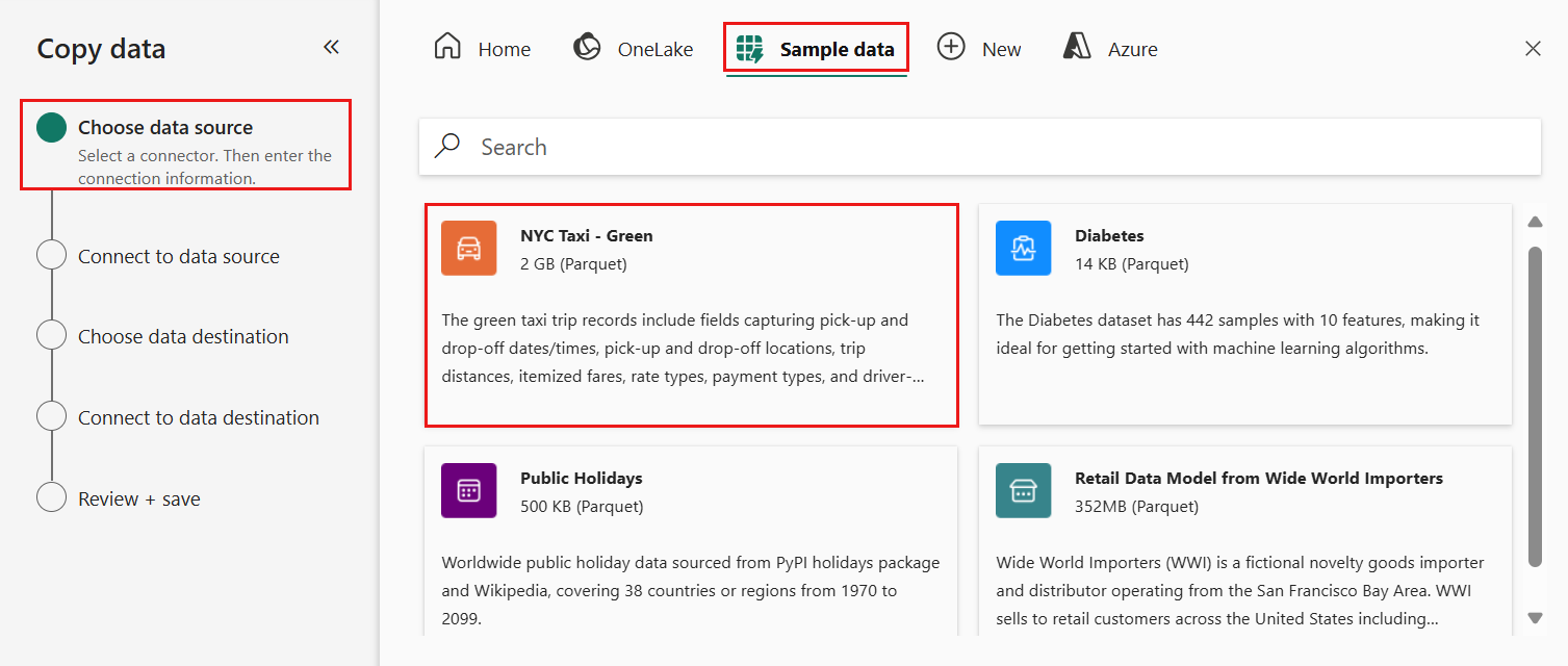 Screenshot showing the selection of the NYC Taxi - Green data in the copy assistant on the Choose data source tab.