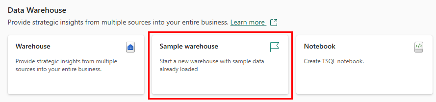 Screenshot showing the Warehouse and Sample warehouse cards.