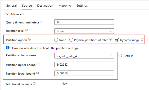 Screenshot of a data pipeline, depicting the option to specify the primary key, or the date for the dynamic partition column.