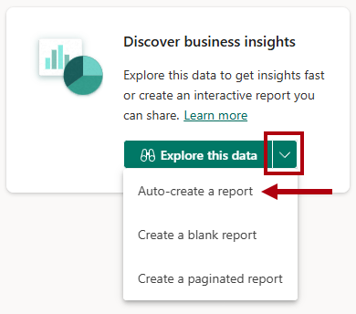 Screenshot of the Discover business insights section, highlighting the Auto-create a report option.