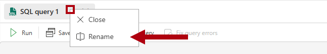 Screenshot of the Rename option available when right-clicking the query tab.