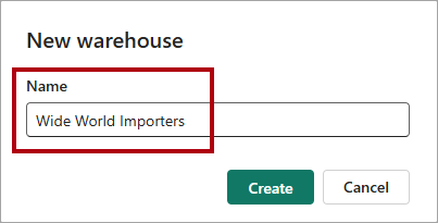 Screenshot of the New warehouse window, highlighting the entered name.