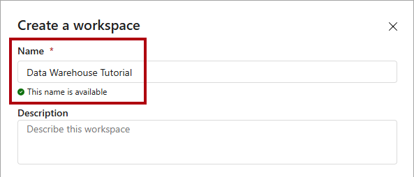 Screenshot of the Create a workspace dialog box, showing where to enter the new workspace name.