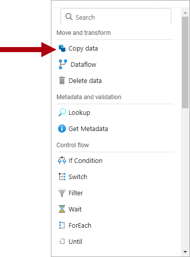 Screenshot of the Move and transform section, showing where to select Copy data.