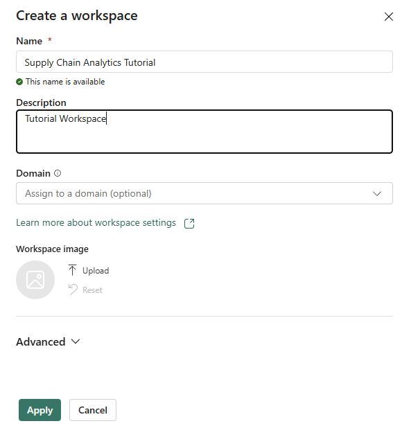 Screenshot of the create workspace dialogue in the Fabric portal.