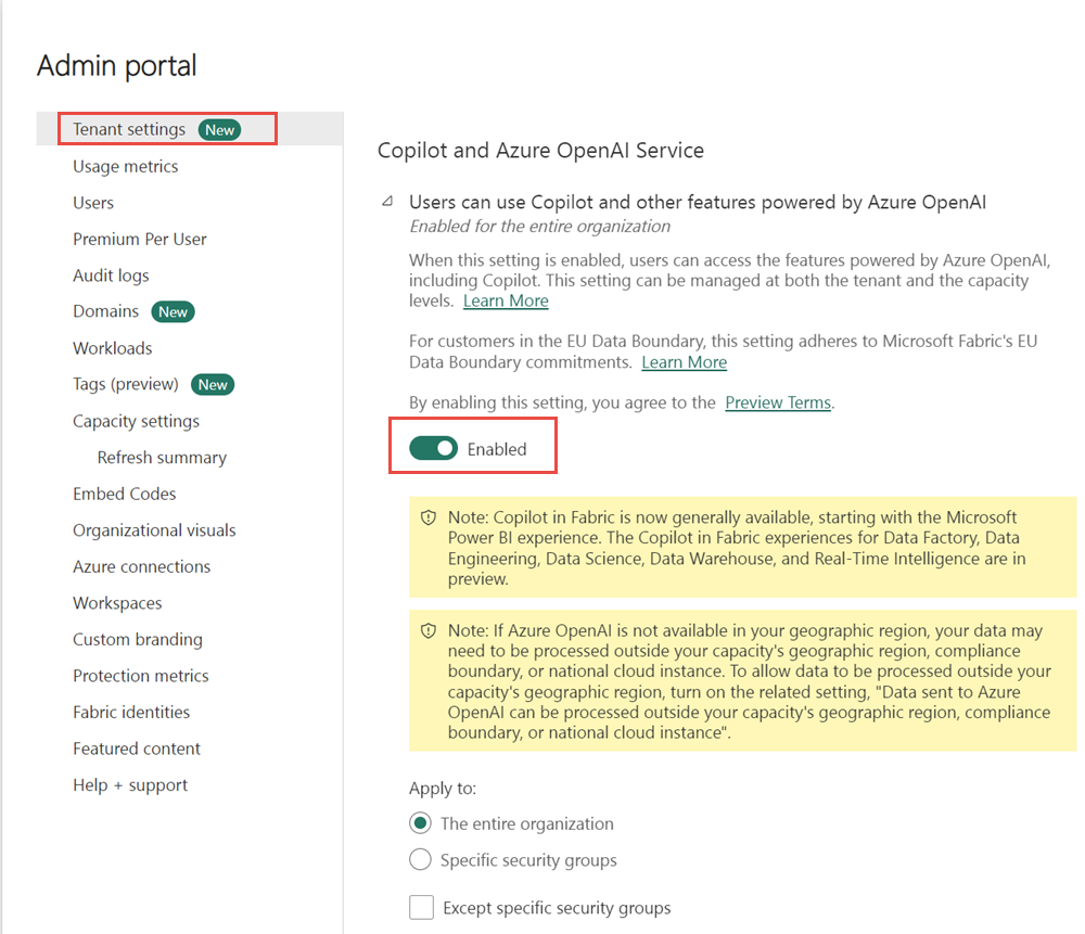 Screenshot showing the tenant setting where copilot can be enabled and disabled.