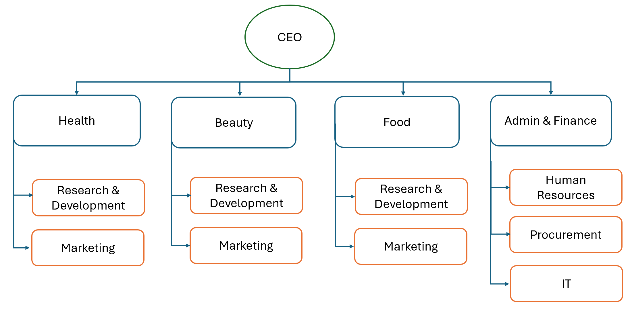 Diagram showing an example of a product/project based organizational structure.