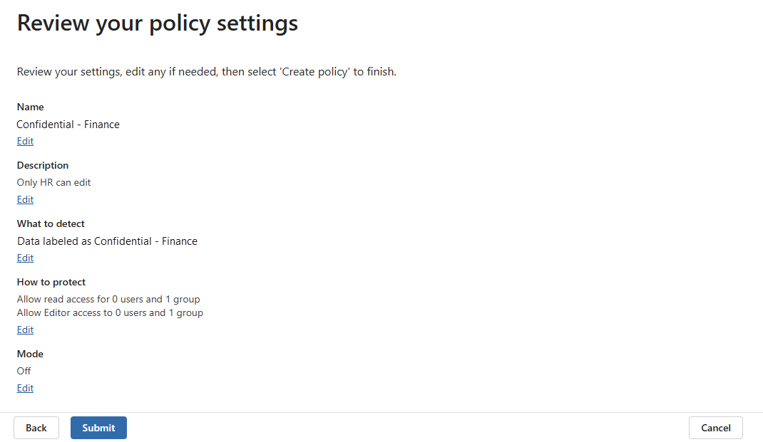 Screenshot of review and finish page in protection policy configuration.