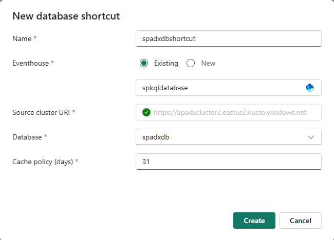 Screenshot that shows the Create database shortcut window.