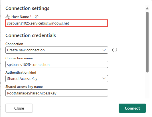 Screenshot that shows the connection settings with Service Bus namespace.