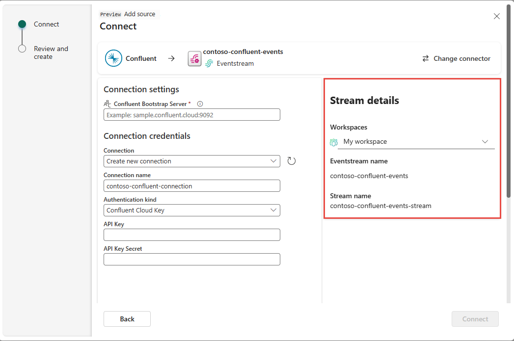 Screenshot that shows the right pane with Stream details section of the Confluent connection settings page.