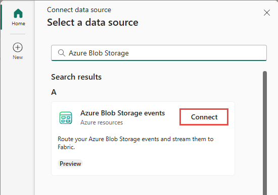 Screenshot that shows the selection of Azure Blob Storage events as the source type in the Select a data source window.