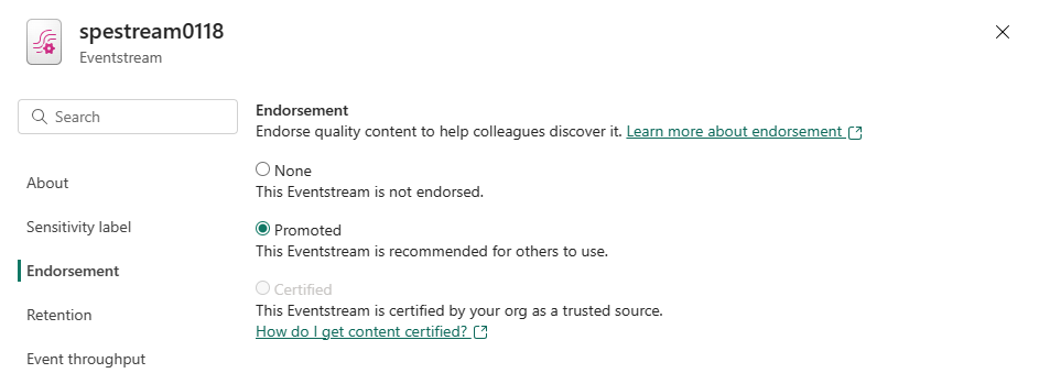 Screenshot that shows the endorsement setting for an eventstream.