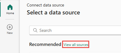 A screenshot of selecting View all sources on the Select a data source window.