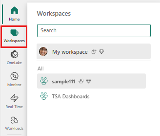 Screenshot of the left menu of UI that shows the dropdown menu of the icon titled workspaces. The workspaces icon is highlighted.