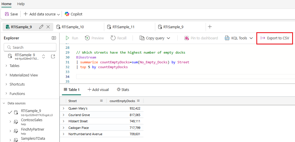 Screenshot of the Home tab of the KQL Queryset showing the highlighted option to export results to CSV.