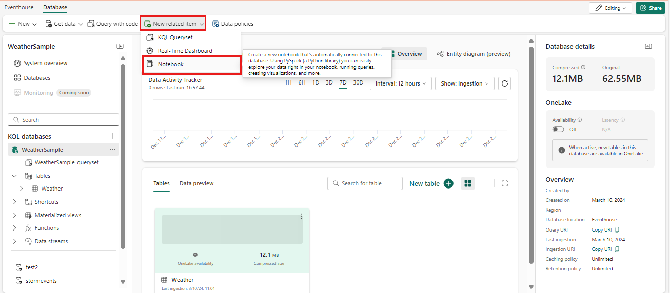 Screenshot of creating a notebook as a related item in a KQL database.