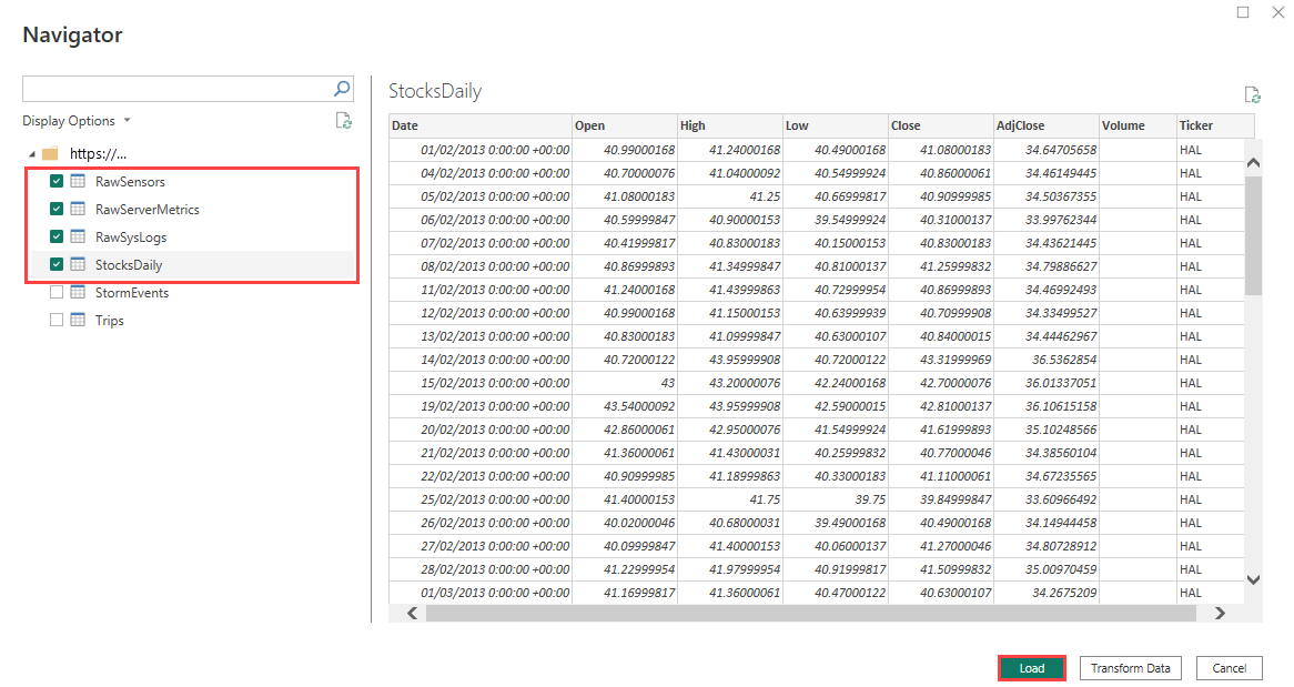 Screenshot of the navigator pane showing the selected tables for connection.