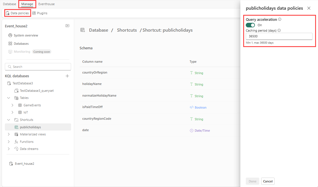 Screenshot of the data policy for query acceleration.