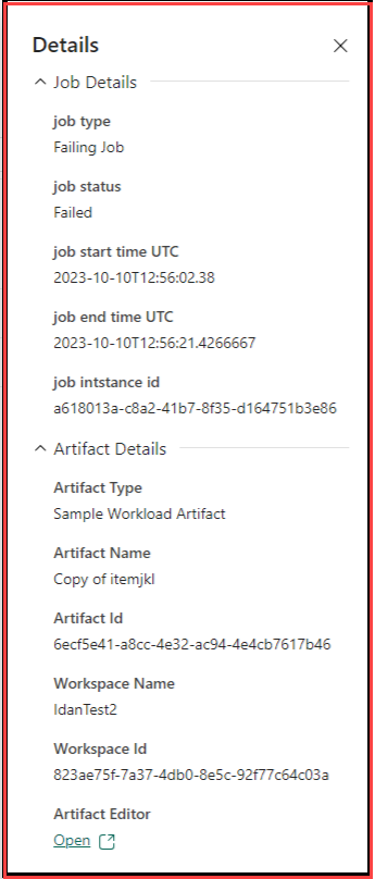 Screenshot showing the job details pane in the monitoring hub.