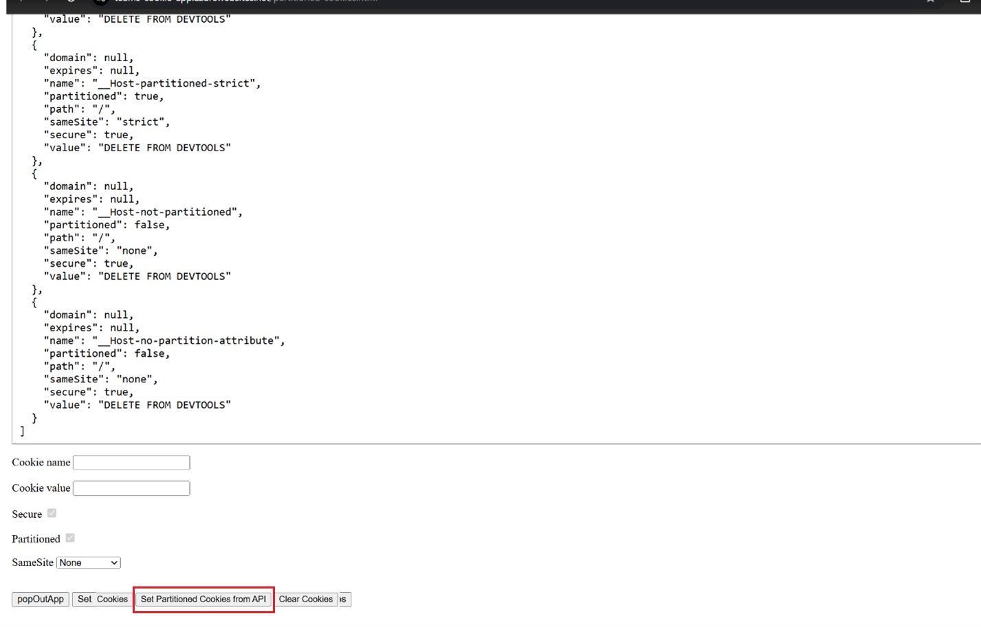 Screenshot shows you how to set partitioned cookies from API.