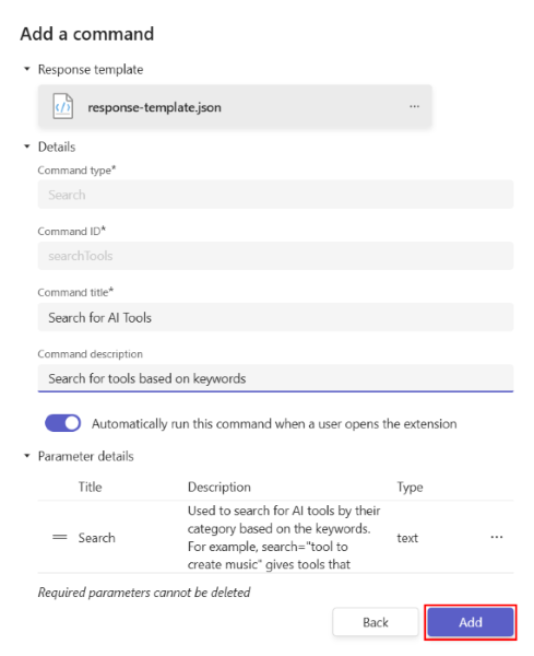 Screenshot shows the fields available in the command details page.