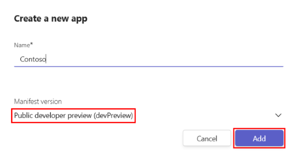 Screenshot shows the app name and the manifest version selected as Latest prerelease (devPreview) in Developer Portal.