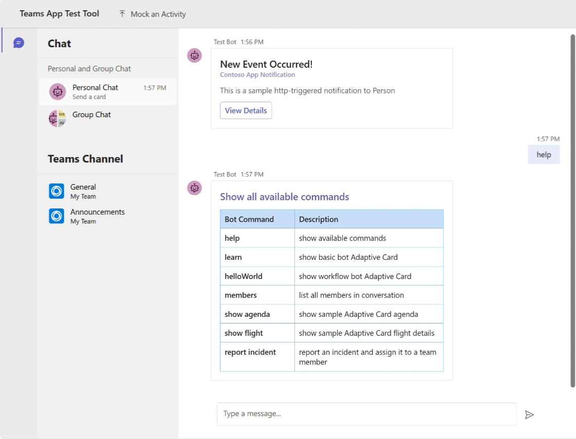 Screenshot shows Teams App Test Tool Adaptive Card.