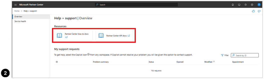 Screenshot of the Help + support screen, with Partner Center how-to docs and Partner Center API docs selected.
