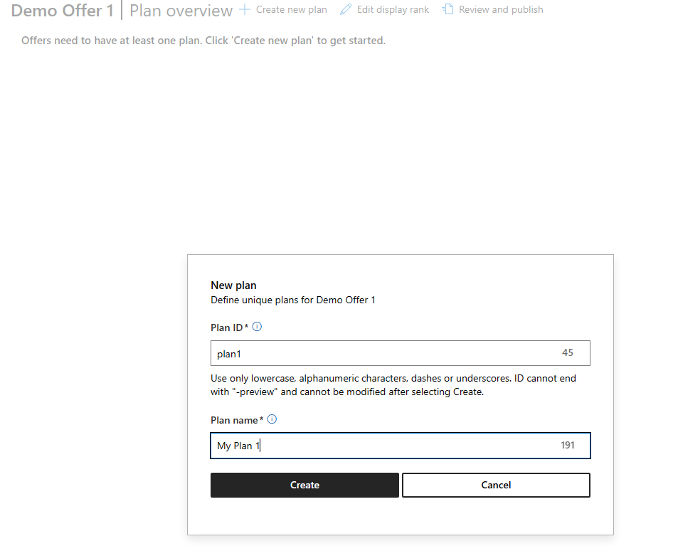 Screenshot illustrating the demo offer plan overview screen where users can create a new plan.