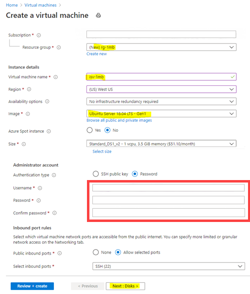 Screenshot that shows the Create a virtual machine page with the Next: Disks command button highlighted.