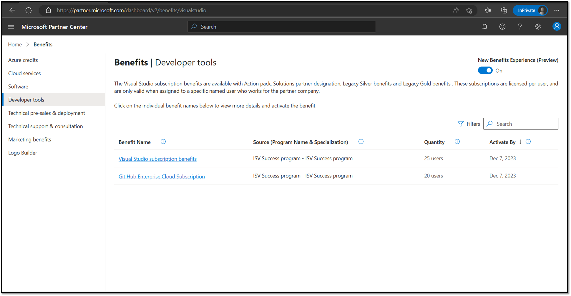 Screenshot of developer tools benefitsin Partner Center.