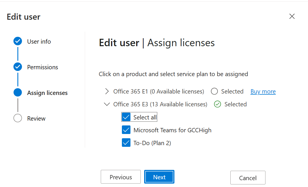 Screenshot of the Edit user - Assign licenses page.