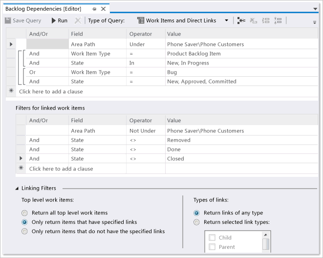 Work Items and Dependent Links Query