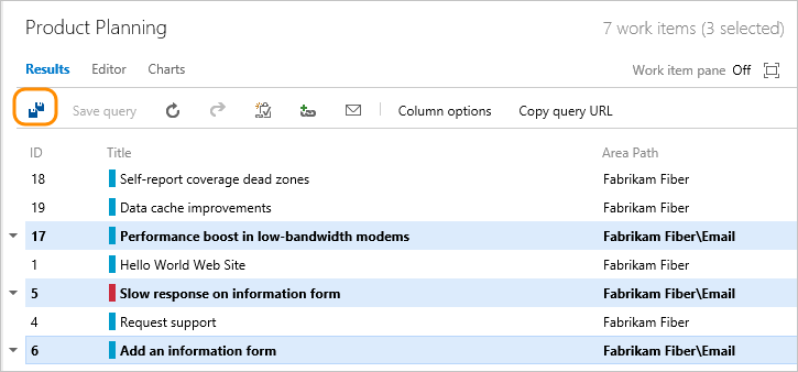 Screenshot of the Web portal, Queries page, Bulk save selected work items