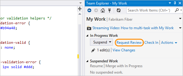 Request code review link from the Team Explorer My Work page
