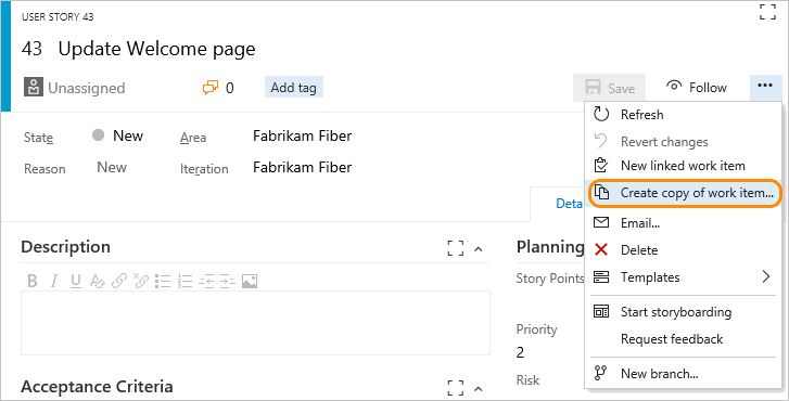 TFS 2017, web portal, user story work item form, open context menu, select Create copy of work item