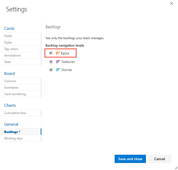 Settings,Backlogs dialog, Turn Epics on 