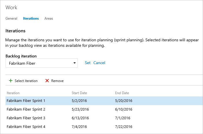 Screenshot of Work, Iterations page for team, activates sprint list for TFS 2017 through 2018.