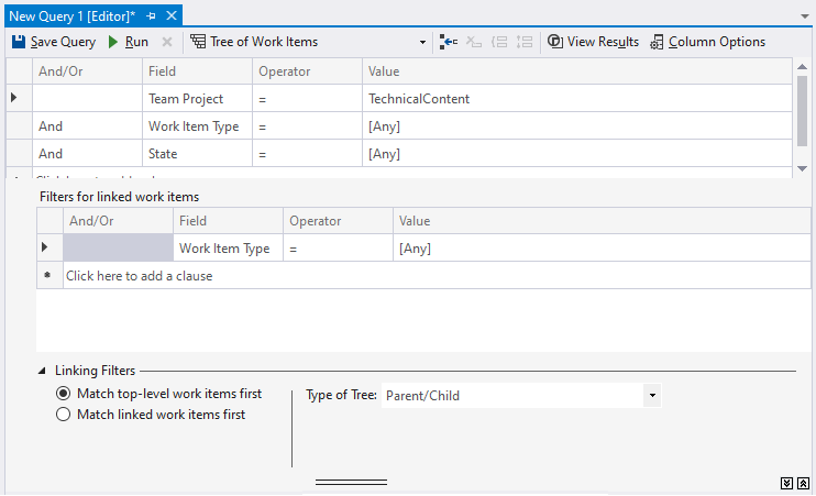 Screenshot of Query Editor, Tree Query, Team Explorer.