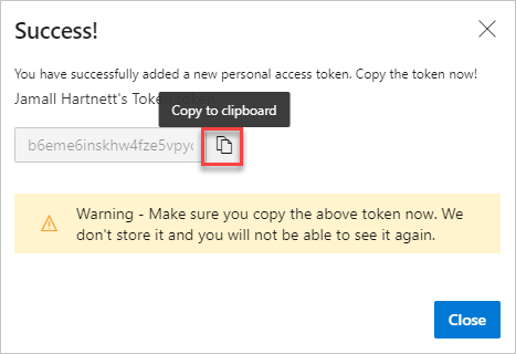 Screenshot showing how to copy the token to your clipboard.