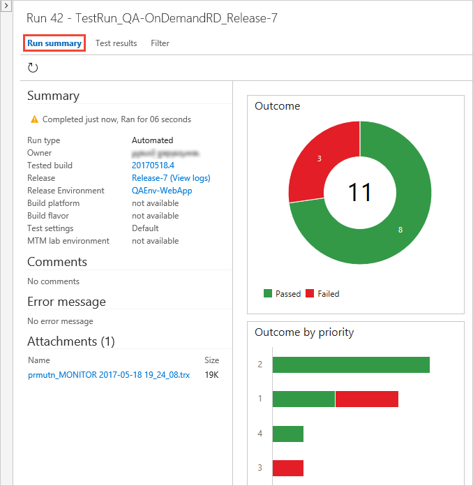 Screenshot shows the test run summary.