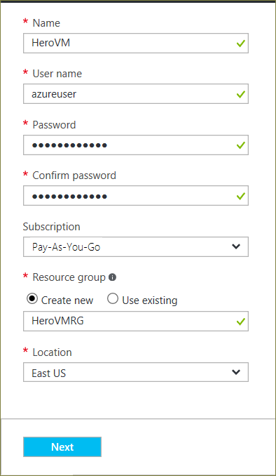 Screenshot that shows the settings on the Basics blade for configuring an Azure VM