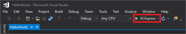 Screenshot shows the IIS Express button highlighted in the toolbar for Visual Studio