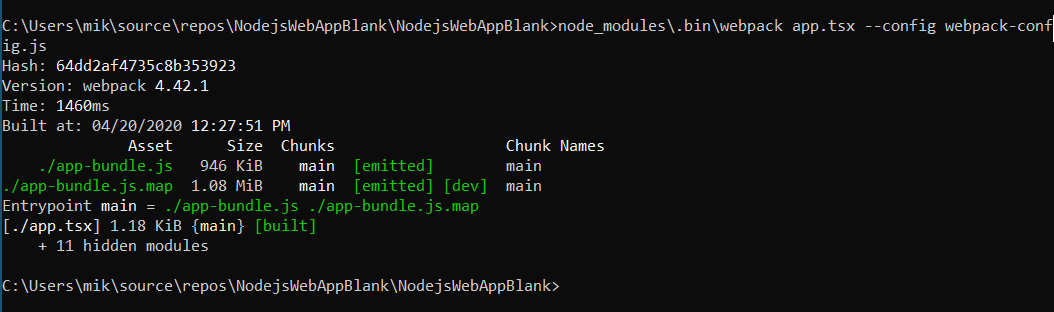 Screenshot that shows results of running the webpack command.