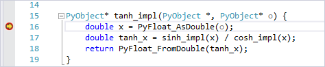 Screenshot of C++ code that contains a breakpoint.