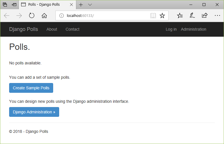 Full browser view of the Polls Django Web Project app.