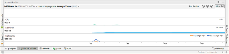 Profiler displays for the running app