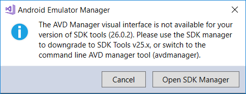 Android Emulator Manager warning dialog