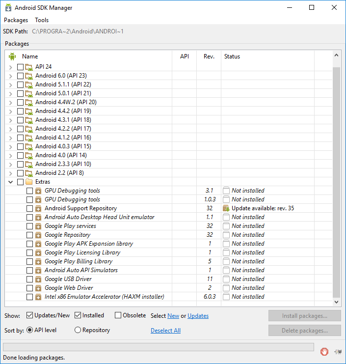 "Android SDK Manager showing Android Support Repository version 32 installed"